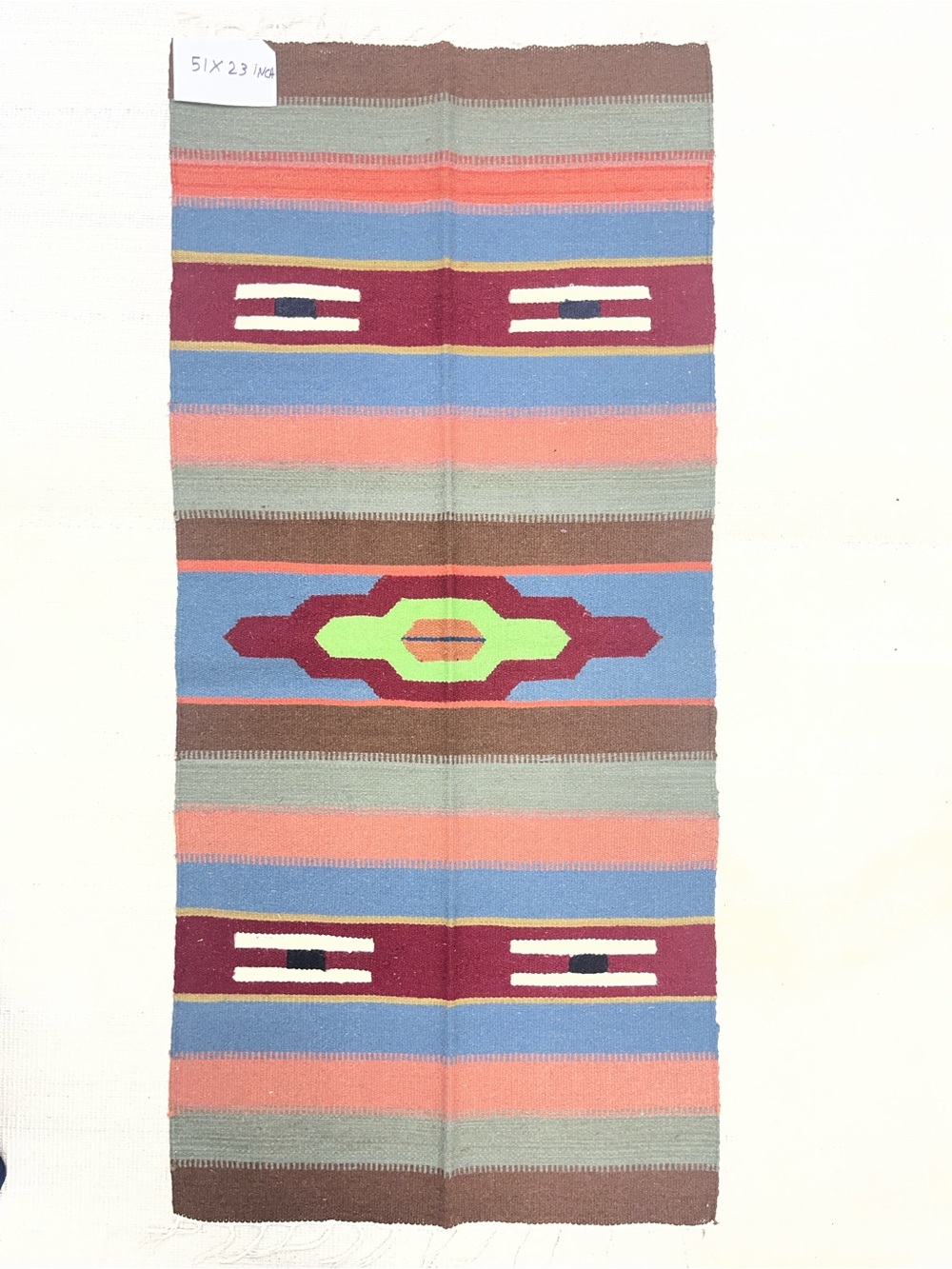 Handwoven Southwestern-Style Tapestry Runner in Blue, Coral & Green
